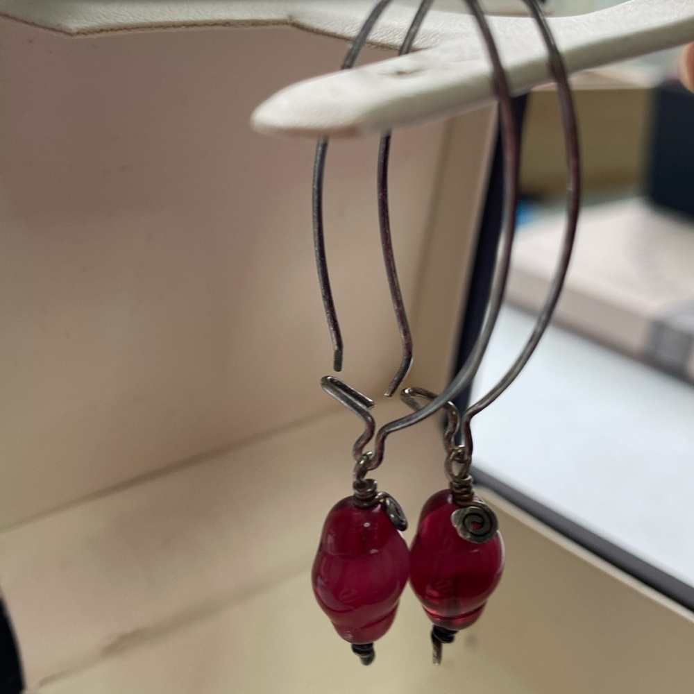 Red drop earrings. Made-by-hand.